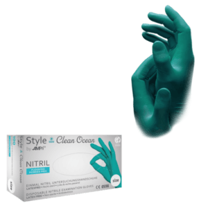 Guante nitrilo Style Clean Ocean – 100 ud – verde océano – sin polvo AQL 1,5 | EPI cat. III PS clase I