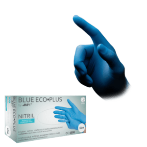 Imagen de la caja de guantes de nitrilo eco plus blue y de los guantes sanitarios