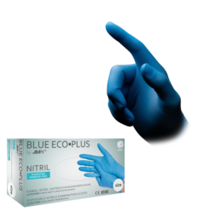 Imagen de la caja de guantes de nitrilo eco plus blue y de los guantes sanitarios