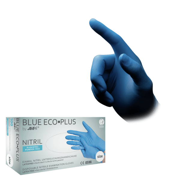 Imagen de la caja de guantes de nitrilo eco plus blue y de los guantes sanitarios