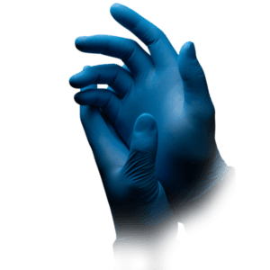 guantes sanitarios azules. Aparecen dos manos con los guantes sanitarios azules puestos.