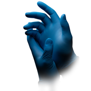 guantes sanitarios azules. Aparecen dos manos con los guantes sanitarios azules puestos.