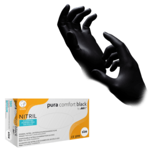 Imagen de la caja de guantes de nitrilo pura comfort black y de los guantes sanitarios