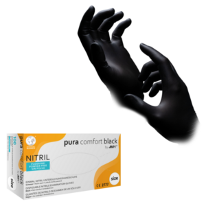 Imagen de la caja de guantes de nitrilo pura comfort black y de los guantes sanitarios