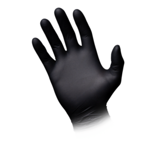 guantes sanitarios negros. Aparece una mano con el guante sanitario negro puesto.