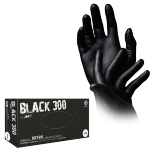 aparecen dos manos gesticulando con guantes nitrilo PF Black 300 y la caja del producto