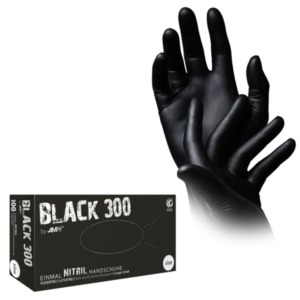 aparecen dos manos gesticulando con guantes nitrilo PF Black 300 y la caja del producto