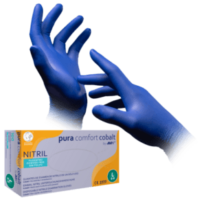 Guante nitrilo Pura Comfort azul cobalto mostrando las dos manos gesticulando y la caja del producto