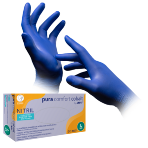 Guante nitrilo Pura Comfort azul cobalto mostrando las dos manos gesticulando y la caja del producto