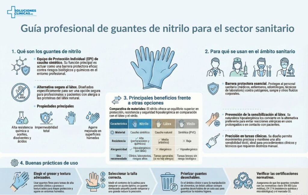 Infografía explicativa sobre los guantes de nitrilo en el sector sanitario, con definición, usos clínicos, beneficios frente al látex y vinilo, propiedades como resistencia química e impermeabilidad, y buenas prácticas de uso profesional.
